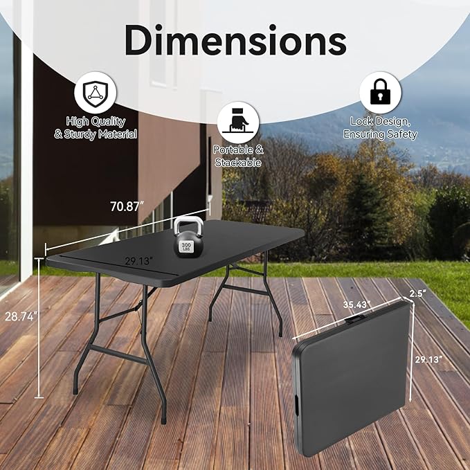 50 Pack of 6 Foot Foldable Table with Built in Handle & Steel Legs ,Heavy Duty Portable ,Perfect for Party, Dining, Wedding, Events, Picnic Indoor, Outdoor, Camping, Utility, Folding(Black-50pac)