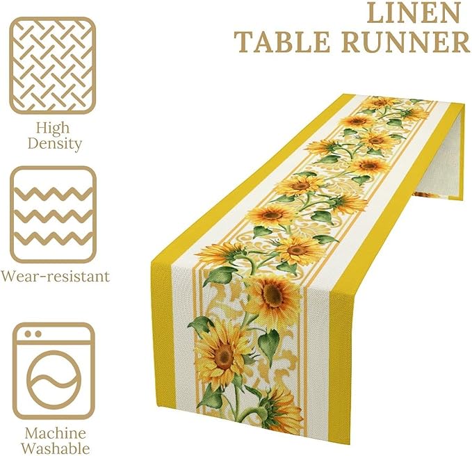 Yellow Sunflower Table Runner, Spring Summer Seasonal Floral Farmhouse Rustic Vintage Flower Print Table Cover for Home Kitchen Dining Table Decor Party, 13x36inch