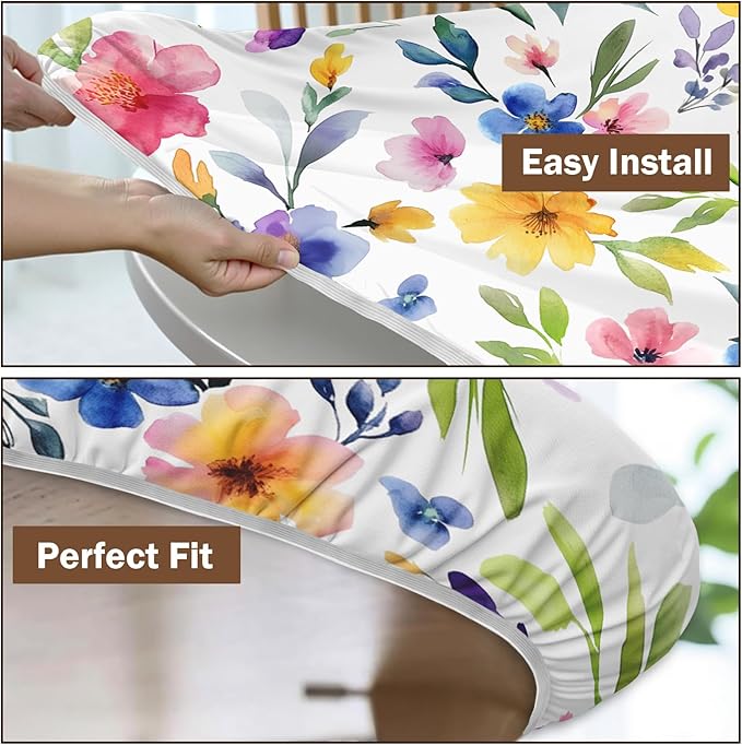 Spring Summer Floral Round Fitted Tablecloth with Elastic Watercolor Flower Outdoor Circle Table Cloth for 44-48" Tables Colorful Stretch Waterproof Washable Table Cover for Picnic Dining Party Decor