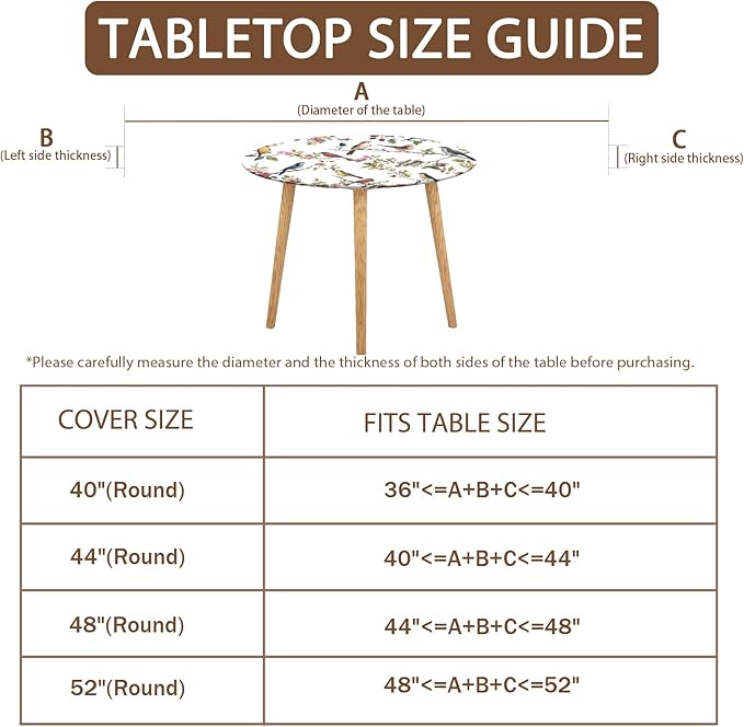 Spring Summer Round Fitted Tablecloth with Elastic Edge Bird Floral Easter Circle Table Cloth for 48-52" Round Tables Wipeable Waterproof Hummingbird Flower Table Cover for Outdoor Picnic Dining Decor