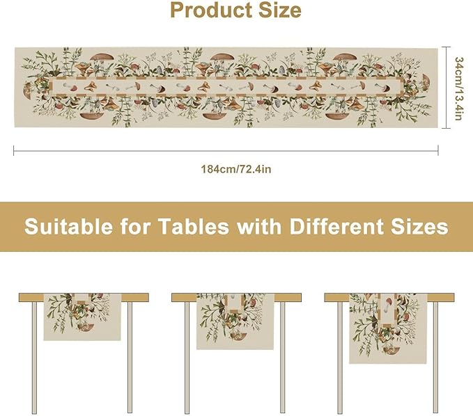 Wild Mushroom Table Runner, Retro Floral Plants Botanical Print Table Cover for Kitchen Dining Table Wedding Home Party Decor, 13x90inch