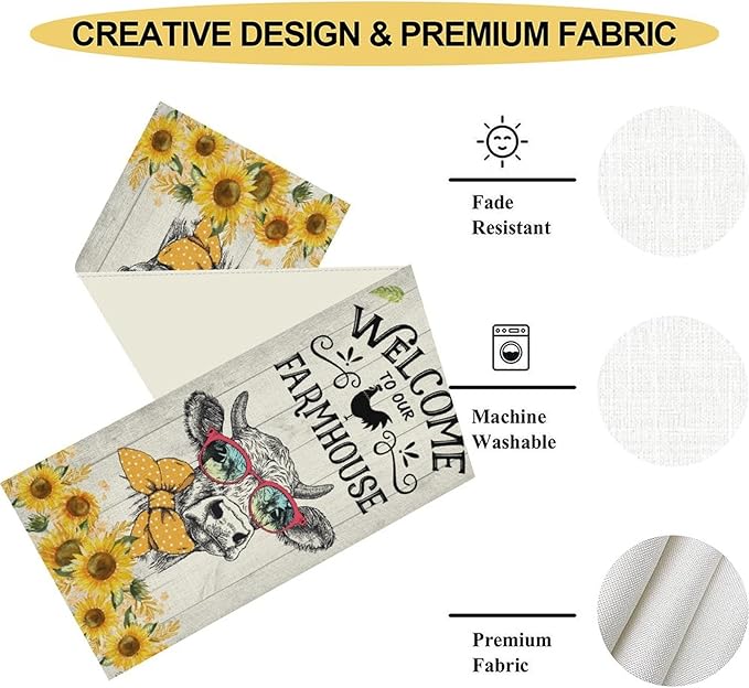 Farmhouse Cow Table Runner, Rustic Yellow Sunflower Floral Buffalo Animals Spring Coffee Farm Table Center Decor for Family Kitchen and Living Room Country Holiday Party Table Decorations, 13" X 108"