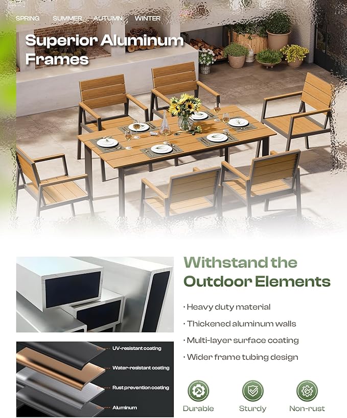 Patio Table and Chairs Set, 7 Piece Outdoor Dining Set with Umbrella Hole, HDPS + Aluminum Patio Furniture Set for Garden (Gray & Teak)
