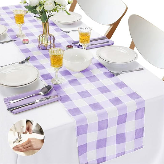 Fabric Checkered Table Runner 12 Pack Waterproof Gingham Table Runner 14W x 108L Buffalo Check Table Runners for Parties Kitchen Dining Wedding Banquet (Lavender and White)