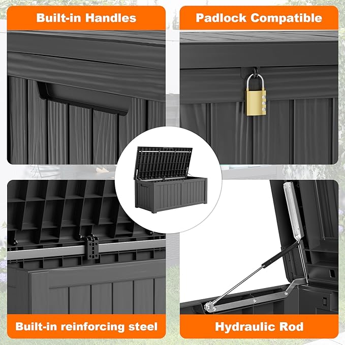 150 Gallon Deck Box,Resin Outdoor Storage Box with Lockable for Patio Furniture, Pool Tools, Garden Tools Waterproof Outside Storage Box, Black