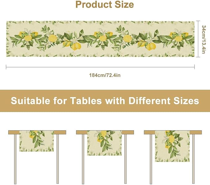 Summer Lemon Table Runner, Spring Blooming Lemon Tree Branches Bouquets Yellow Green Leaves Table Runner for Farmhouse Home Dining Kitchen Table Party Decor, 13x70inch