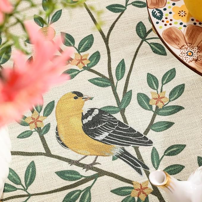 patdrea Designer French Table Cloth for Rectangle Table,Vintage Green Linen Birds and Leaves Pattern Tablecloths,Dacorative Cover Kitchen Dining,Christmas,Thanksgiving,Tea Party,55"x79"-Warbler