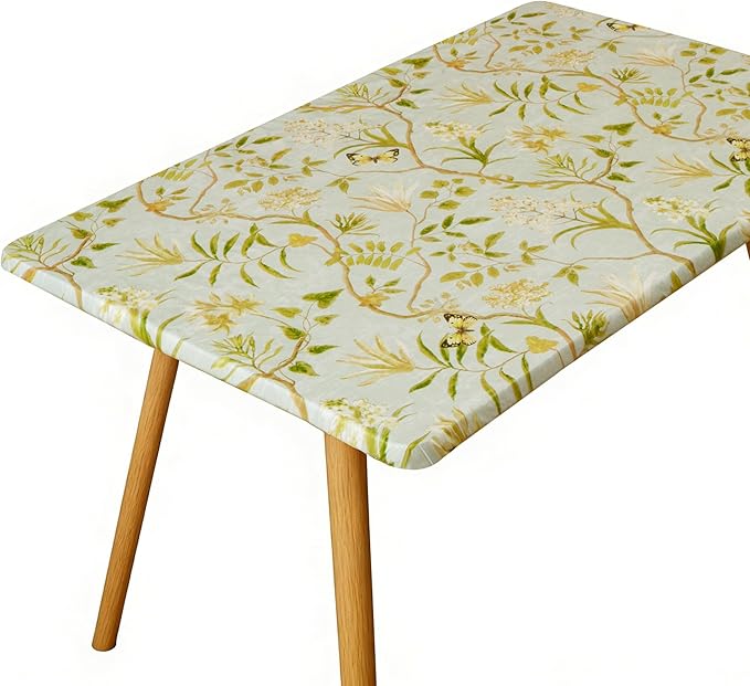 Rectangle Picnic Table Cloth, Elastic Waterproof Fitted Vinyl Tablecloths for 8 Foot Tables, Wipeable Flannel Backed Table Covers for Dining, Camping, Outdoor(Leaves,30"x96")