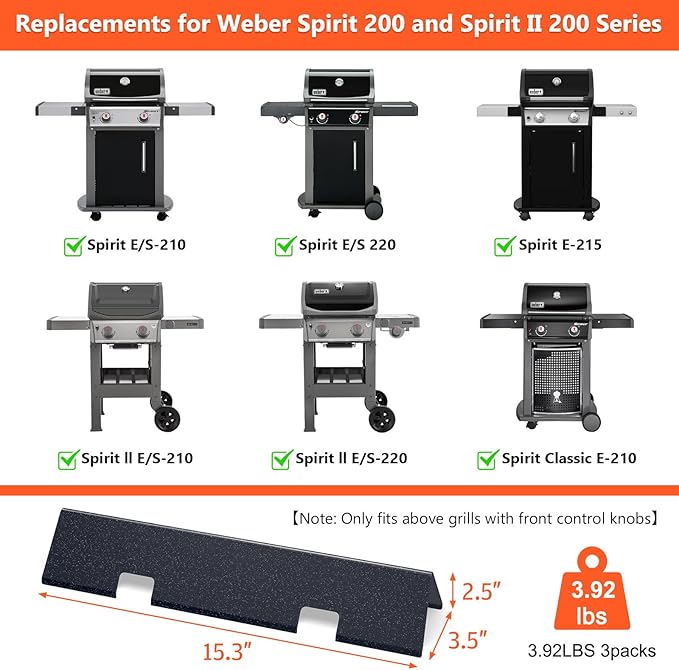 QuliMetal 7735 15.3" Flavorizer Bars for Weber Spirit E210, E220, S210, S215, Spirit 200 & GS4 Spirit II E210, Spirit II E220 with Front Control, 16GA Porcelain Steel Grill Heat Plates