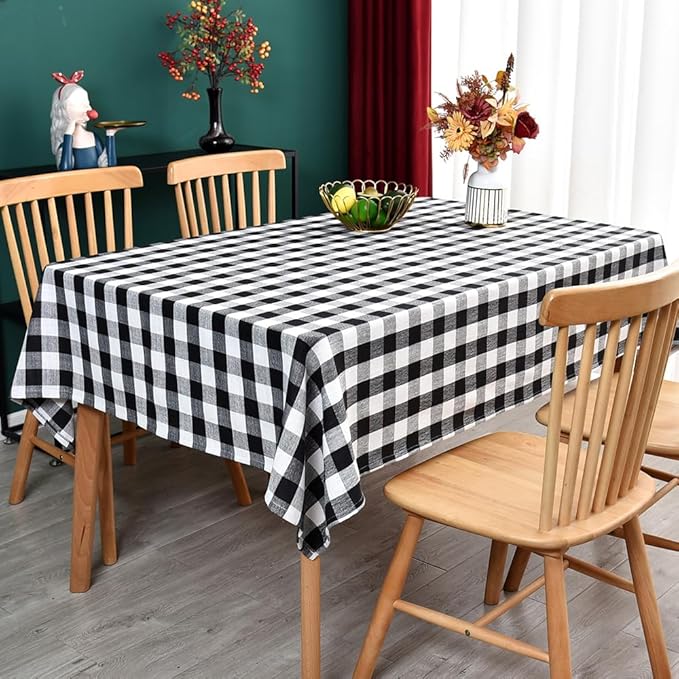 Gingham Tablecloth Rectangle Table Cloth Heavy Duty Cotton Checkered Table Cover for Spring Picnic Kitchen Dining(C-Black, 52x86 inch)