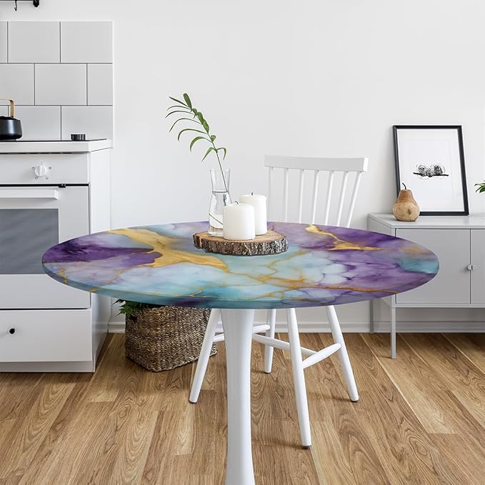 Marble Purple Gold Blue Round Table Cloth Cover, Elastic Edge Waterproof Wipeable Tablecloths 36"-42" Polyester Tablecloth for Party Restaurant Banquet Holiday Camping Outdoor Picnic