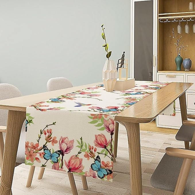 Spring Flower Table Runner, Seasonal Rustic Garden Flowers Bird Butterfly Print Table Runner for Home Kitchen Table Decor, 13x70inch