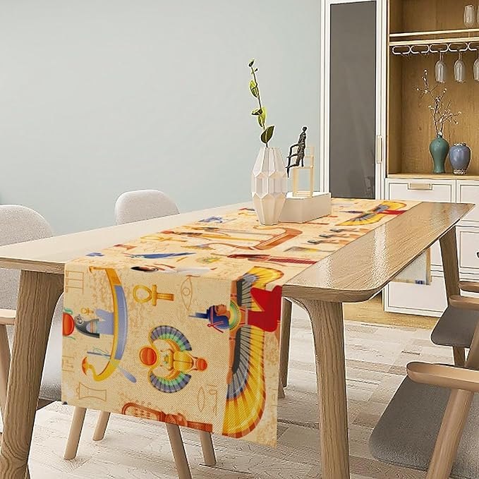 Egypt Table Runner, Ancient Egyptian Mythology Gods Hieroglyphic Elements Retro Farmhouse Table Runner for Home Kitchen Dining Party Indoor Outdoor 13x90in