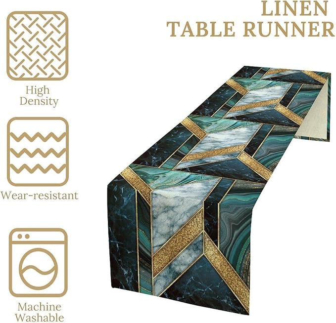 Marble Table Runner, Dark Green Gold Modern Mosaic Design Table Runner Decoration for Kitchen Family Dinner Table Holiday Party Farmhouse 13x90in