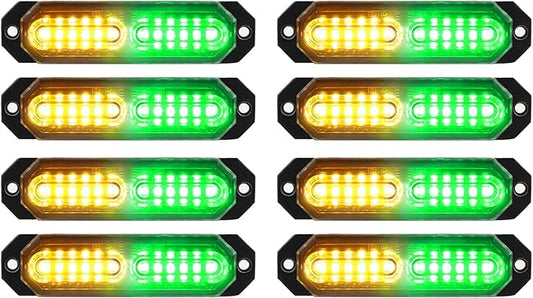ASPL 8pcs Sync Feature Ultra Slim 12-LED Surface Mount Flashing Strobe Lights for Truck Car Vehicle LED Mini Grille Light Head Emergency Beacon Hazard Warning Lights (Amber/Green)