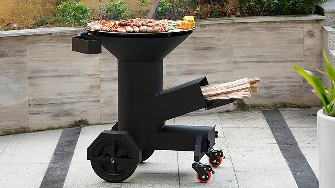 3-in-1 Rocket Stove with Griddle, Grate & Pot Rack, Large Wood BBQ Grill with Wheels, Ash Tool & Cover, Outdoor Stove for Patio Barbecue Cooking Backyard Camping RV Tailgating, GS346