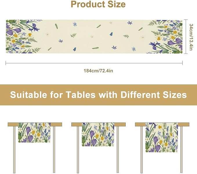 Wildflowers Table Runner,Spring Purple Floral Summer Seasons Daisy Flower Print Kitchen Dining Table Decoration for Home Farmhouse Party 13x60in
