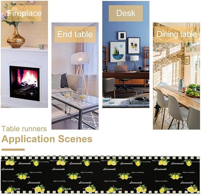 Lemon Table Runner,White Black Buffalo Plaid Watercolor Summer Fruit Print Table Runner for Kitchen Dining Table Indoor Outdoor Home Party Decor 13x120in