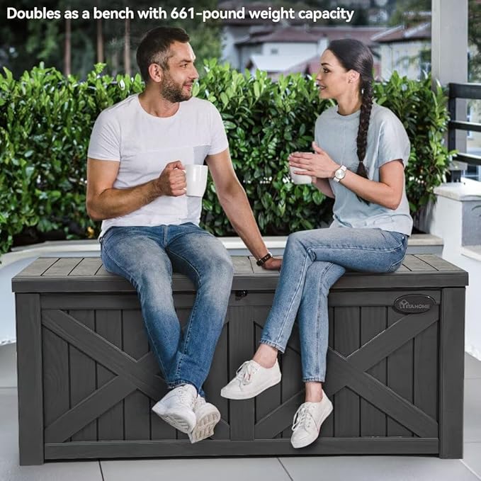 YITAHOME 120 Gallon Large Outdoor Storage Box with X-Shaped Front, Waterproof Resin Deck Box Cushion Storage Bench for Patio, Pool Supplies, Garden Tools - Lockable, Dark Gray