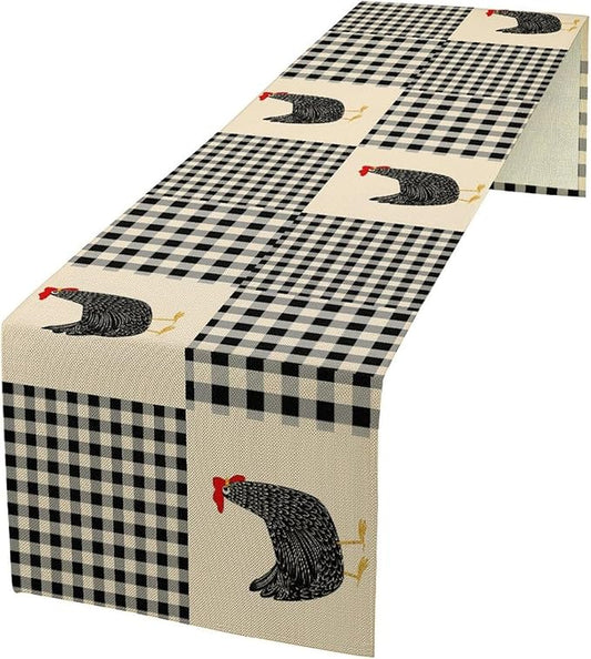 Farm Animal Table Runner, Chicken Hen Black White Buffalo Plaid Check Farmhouse Chick Table Runner for Home Kitchen Holiday Dining Party 13x120in