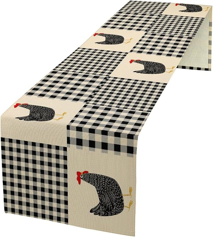 Farm Animal Table Runner, Chicken Hen Black White Buffalo Plaid Check Farmhouse Chick Table Runner for Home Kitchen Holiday Dining Party 13x90in
