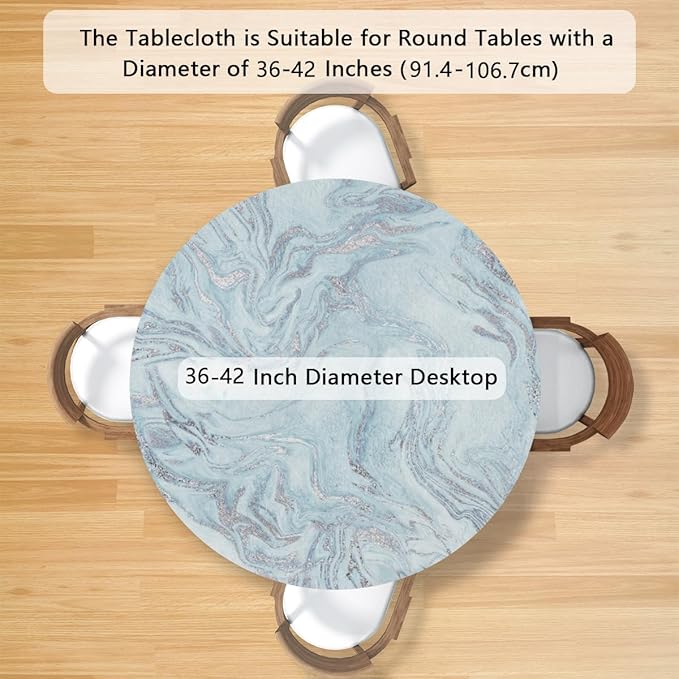 Blue Silver Marble Pattern Round Table Cloth Cover, Elastic Edge Waterproof Wipeable Tablecloths 36"-42" Polyester Tablecloth for Party Restaurant Banquet Holiday Camping Outdoor Picnic