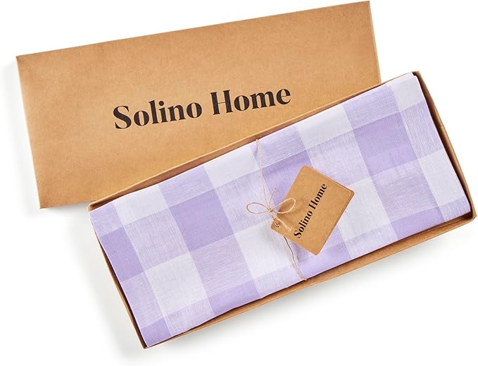 Solino Home Linen Checkered Table Runner 36 Inches - 100% Pure Linen Misty Lavender Buffalo Check Table Runner 14 x 36 Inch Ideal for Dresser and Coffee Tables - Valentines, Spring, Easter