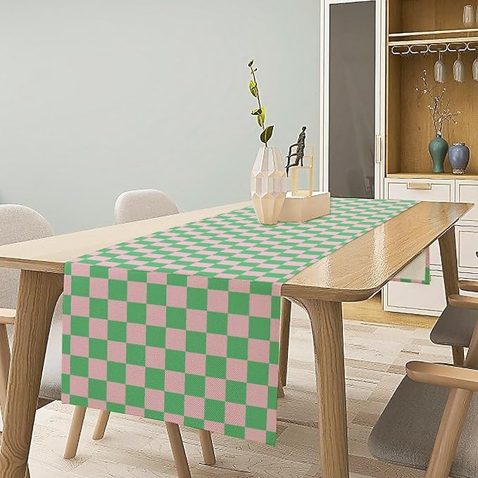 Retro Checkered Table Runner, Cute Pink Green Checkerboard Vintage Hippie Modern Aesthetic Table Runner for Party Kitchen Dining Home Outdoor Banquet 13x60in