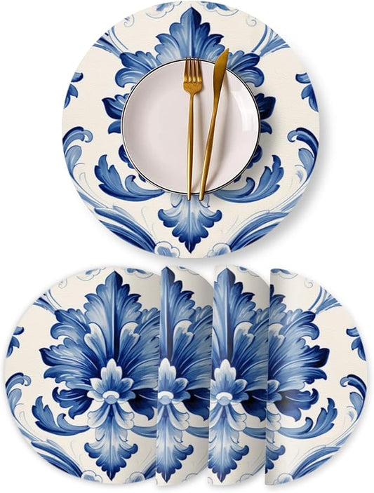 Faux Leather Placemats Set of 4,Watercolor Blue and White Porcelain Patterns Round Ding Table Placemat Heat-Resistant Waterproof Non-Slip Place Mats for Uitable for Indoor & Outdoor,13inch