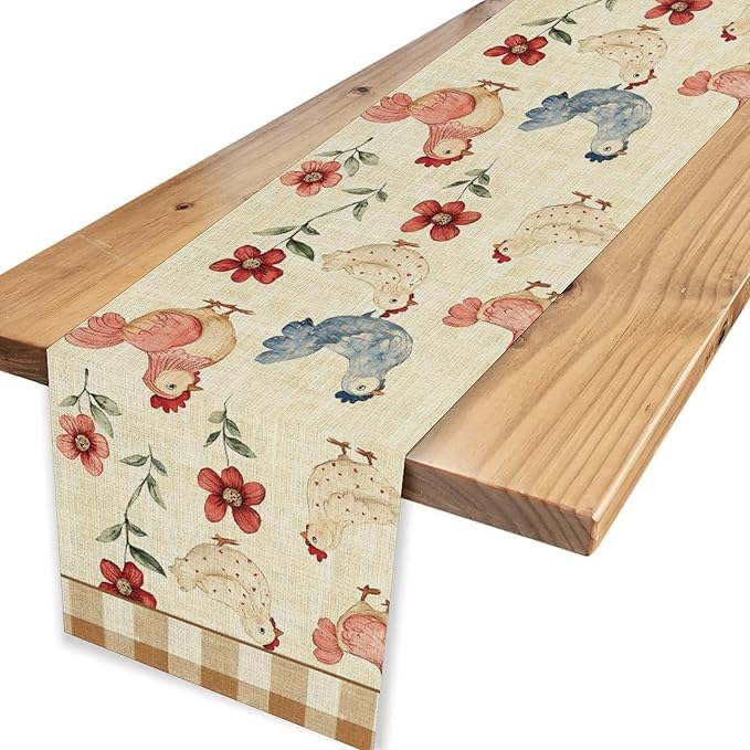 Farmhouse Rooster Table Runner, Rustic Farm Chicken Brown Plaid Flower Plant Watercolor Coffee Table Center Decor for Home Kitchen Dining Patio Party Indoor Outdoor Table Decorations, 13" X 90"