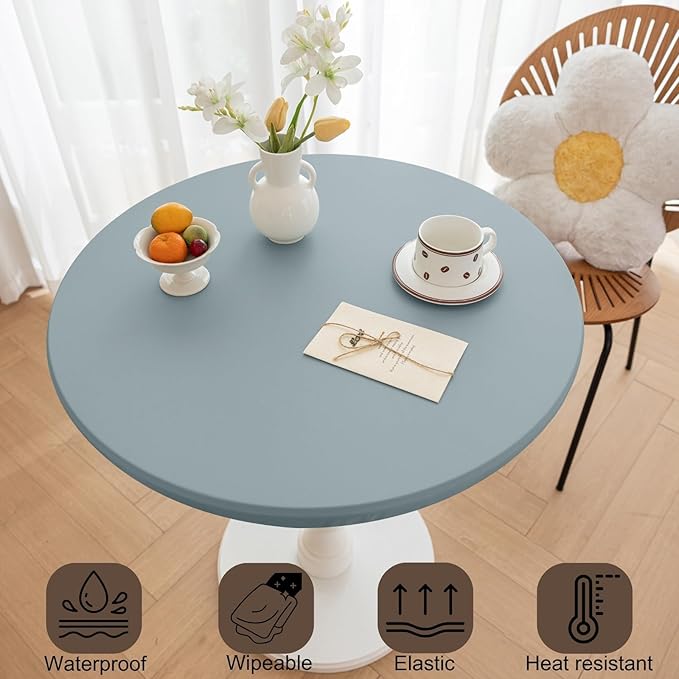 Round Fitted PU Tablecloth with High Elastic Edge 59 Inch Dia Waterproof Oil Proof Table Cloth Anti-Scald Stain-Resistant Wipeable Table Cover for Indoor Outdoor Picnic (Blue,59" Dia)
