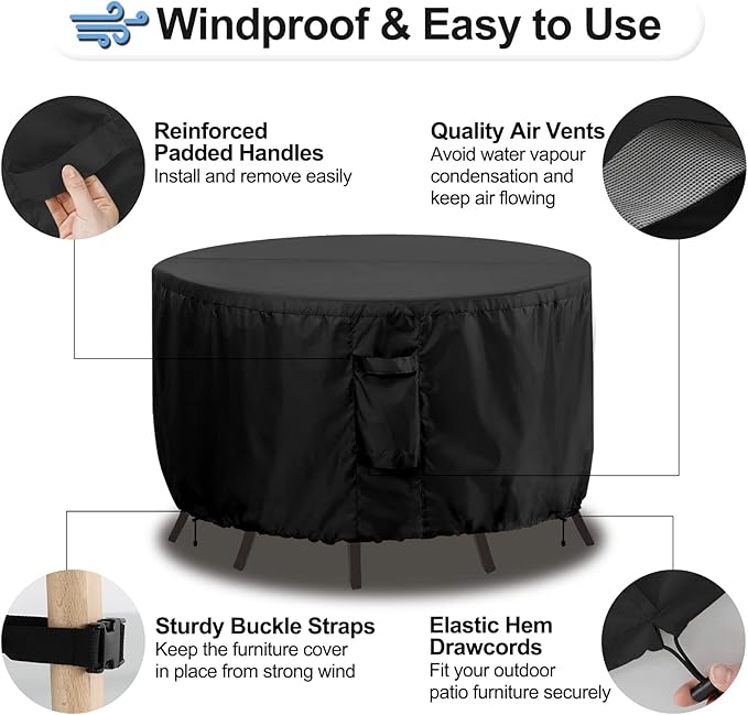 OutdoorLines Outdoor Waterproof Patio Table Furniture Set Covers - Round Couch Sectional Cover Outside Weatherproof Patio Furniture Covering for Deck, Lawn and Backyard 62" Dia x 28" H, Black