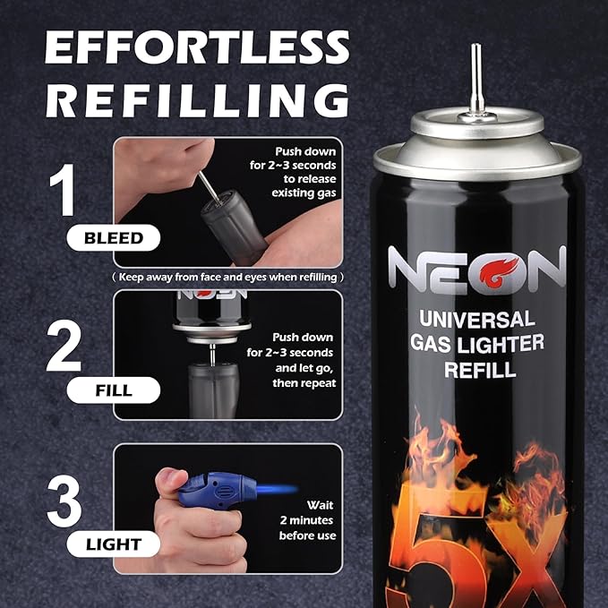 NEON Butane Fuel 300ml, 5X Premium Refined Butane Refill for Torch Lighter, 0 Impurities Lighter Fluid with Metal Nozzle & 5 Butane Gas Refill Adapters for Culinary, Welding, and DIY (6 Cans)