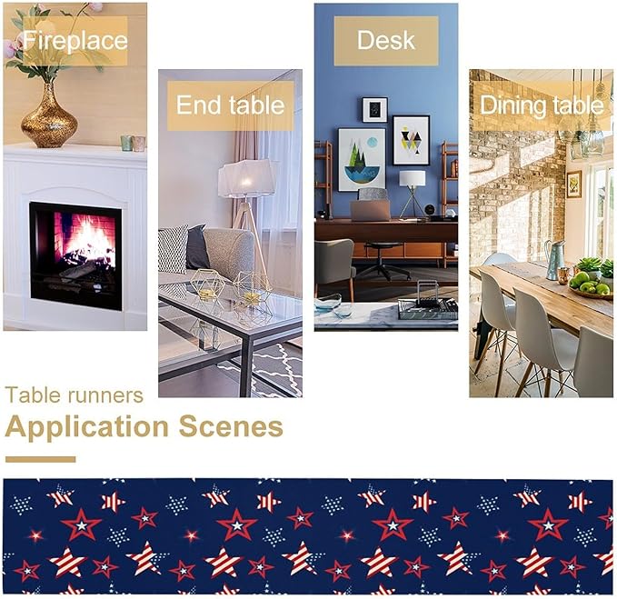 4th of July Patriotic Table Runner, Memorial Day Independence Day Freedom Stars Table Runner for Indoor Kitchen Dining Outdoor Holiday Party 13x70in