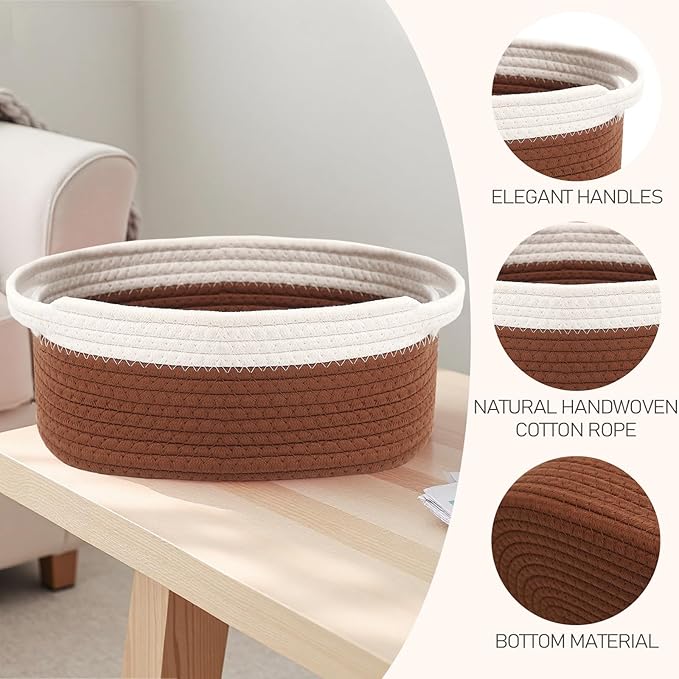 Woven Basket,Small Rope Storage Bin with Handles & Ribbon Bag, Organizer for Shelves Closets,Gift Basket Empty for Birthday,Books,Dog Toys, White&Brown/2 Pack