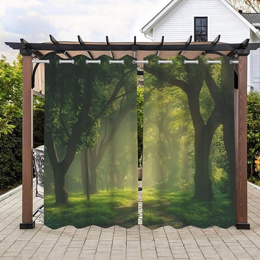 Forest Theme Waterproof Outdoor Curtains for Patio,Dawn Trees Jungle Pattern,Privacy, Grommet Curtains for Patio, Pergola, Porch, Deck, Lanai, and Cabana,2 Panels,W36 x L84,Green