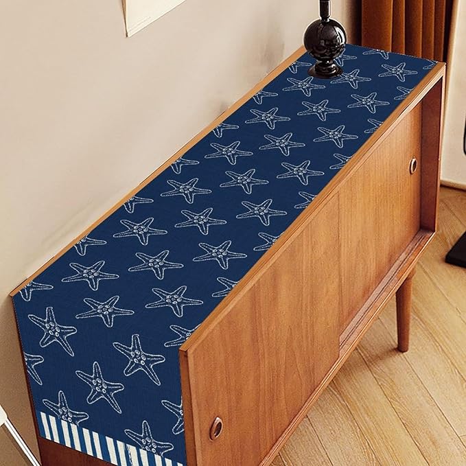 Starfish Table Runner, Summer Coastal Navy Blue Nautical Tropical Rustic Farmhouse Coffee Table Center Decor for Home Kitchen Dining Patio Holiday Party Table Decorations 13"x90"