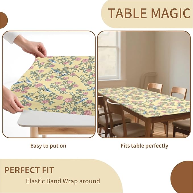 Rectangle Table Cloth Cover Waterproof Elastic Fitted Polyester Fitted Tablecloths for 6 Foot Tables for Indoor,Picnic, Camping, Outdoor （72" x 30"，Bird）