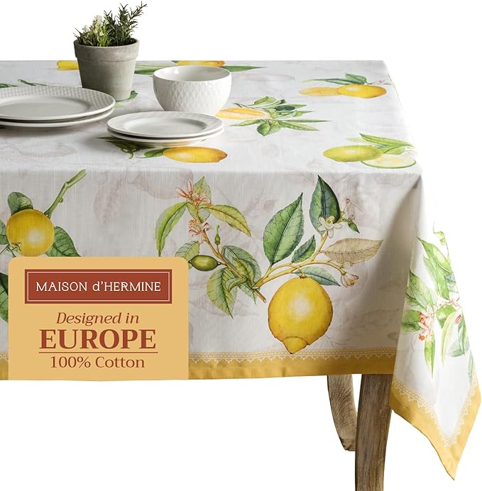 Maison d' Hermine Table Cloth Rectangle Table 100% Cotton 70 x 108 Inches Tablecloth Reusable Decorative for Dining Room, Farmhouse, Home, Party, Festive & Wedding Spring Summer - Limoncello