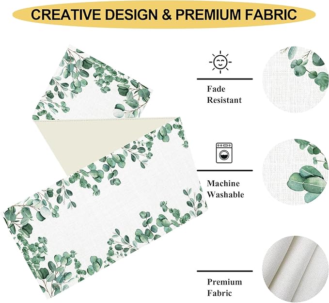 Farmhouse Table Runner, Green Eucalyptus Spring Summer Seasonal Plants Rustic Country Cafe Coffee Table Center Decor for Home Kitchen Dining Patio Indoor Outdoor Table Decorations, 13"x108" Inch