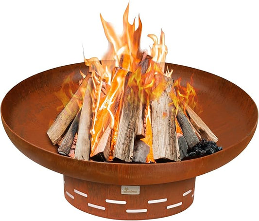 KOL 35" Dia. Heavy-Duty Fire Pit - Pre-Rusted Corten Steel Round Firepit Large Fire Bowl with Stand - Weathering Steel Wood Burning Fireplaces for Outside Backyard Deck Party Bonfire