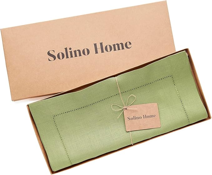 Solino Home Linen Moss Green Table Runner 120 Inches Long - 100% Pure Linen Hemstitch 14 x 120 Inch Table Runner for Dining, Winter, Spring, Easter, St Patricks Day - Classic Hemstitch