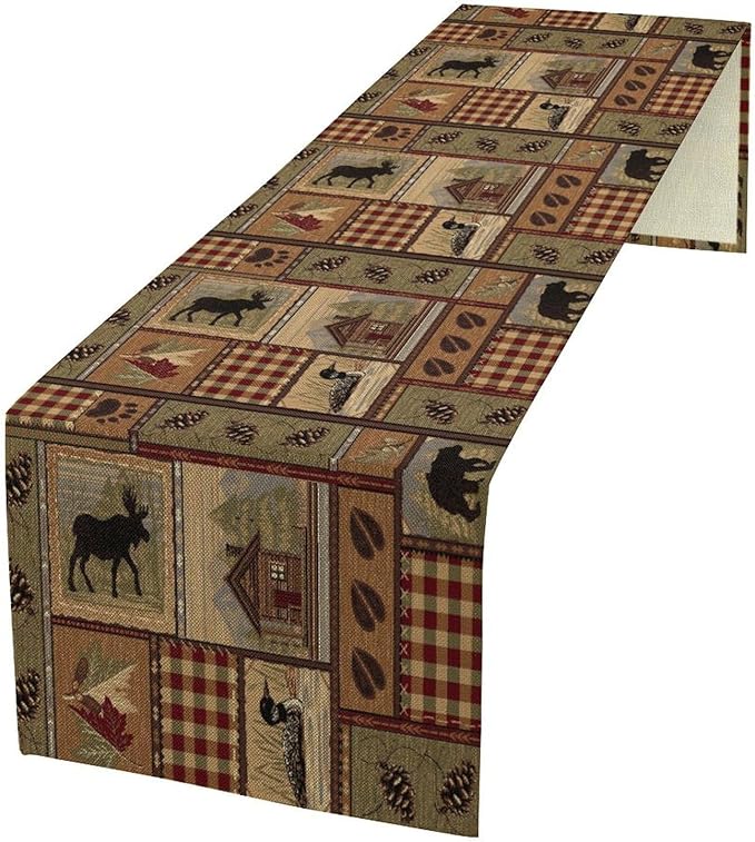 Rustic Deer Bear Table Runner, Vintage Bear Country Cabin Farmhouse Table Runner for Home Kitchen Dining Table Decoration 13x108in