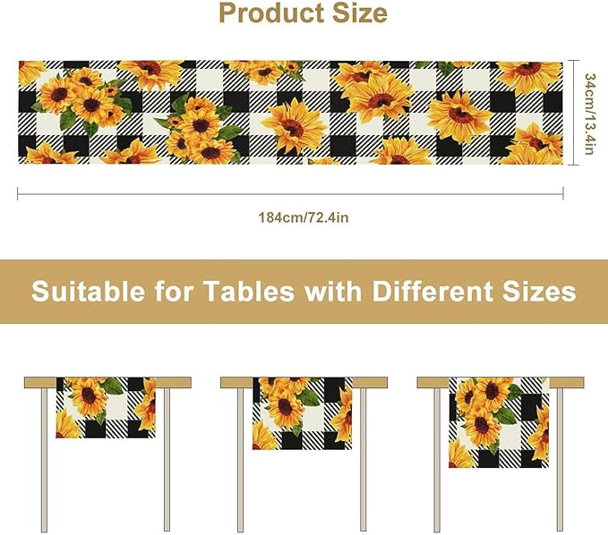 Yellow Sunflower Table Runner, Vintage Farmhouse Black White Sunshine Sunflowers Print for Autumn Farmhouse Home Kitchen Table Decoration,13x60inch