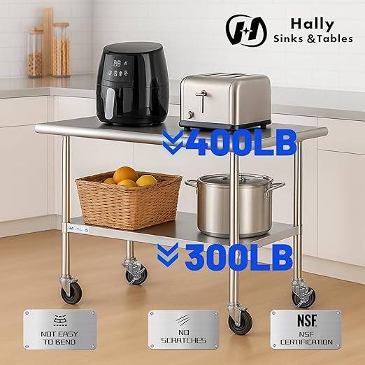 Hally Stainless Steel Table for Prep & Work 24 x 30 Inches with Caster Wheels, NSF Commercial Heavy Duty Table with Undershelf and Galvanized Legs for Restaurant, Home and Hotel