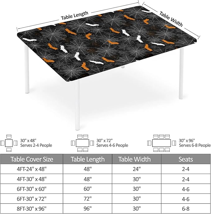 Rectangle Table Cloth Cover Waterproof Elastic Fitted Polyester Fitted Tablecloths for 8 Foot Tables for Indoor,Picnic, Camping, Outdoor （96" x 30"，Halloween）