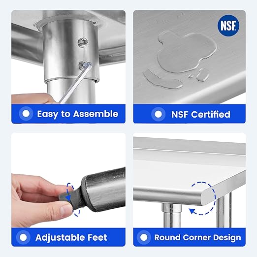 Hally Stainless Steel Table for Prep & Work 14 x 72 Inches, NSF Commercial Heavy Duty Table with Undershelf and Backsplash for Restaurant, Home and Hotel