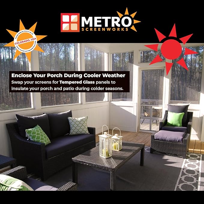 Metro Screenworks Framed Tempered Glass Panel for Porch & Patio Panels, Outdoor Enclosures, (33-1/8" x 34-3/8", Black) Enclose Your Porch with Tempered Glass Panels - Glass Panel Replacement