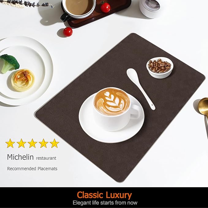 Vinyl Placemats Set of 6 Faux Leather 100% Waterproof Wipeable Washable Place Mats Heat Resistant Easy Clean Non-Slip Table Mats for Indoor Outdoor. (6,Coffee)