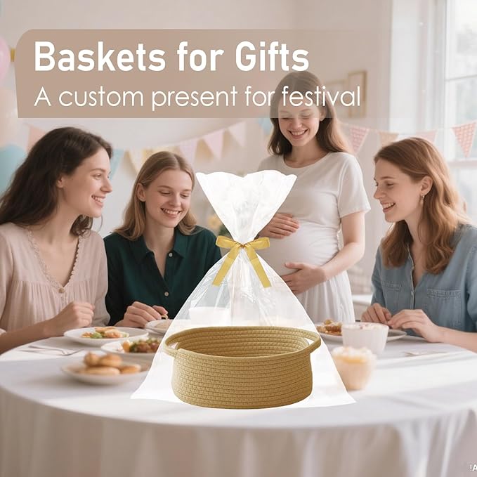 Woven Basket,Small Rope Storage Bin with Handles & Ribbon Bag, Organizer for Shelves Closets,Gift Basket Empty for Birthday,Books,Dog Toys, Jute/2 Pack